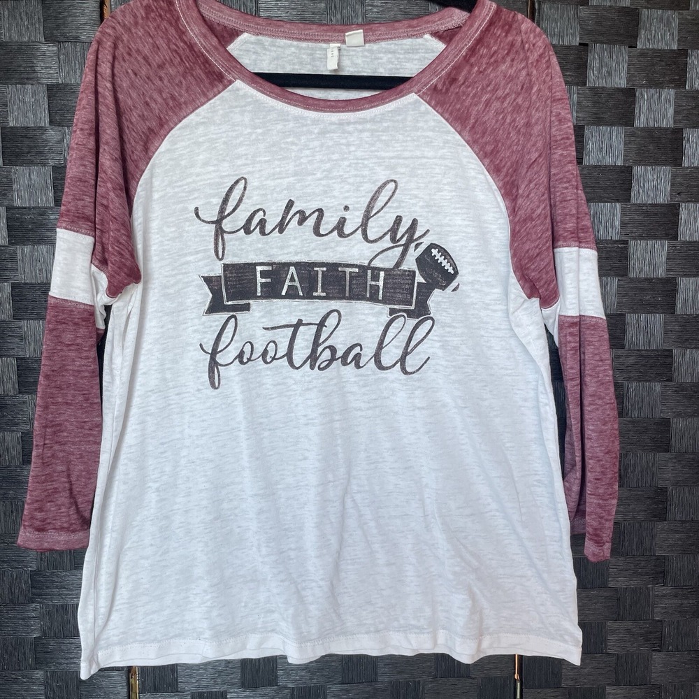 EST. 1946 Faith Family Football burgundy shirt women Medium 3/4 Raglan Sleeve